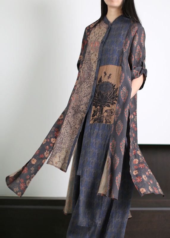 Handmade Blue Asymmetrical Print Patchwork Silk Two Pieces Set Summer LY5176 - fabuloryshop