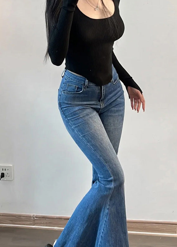 Jean évasé patchwork bleu fait main avec poches pour l'été LY7939