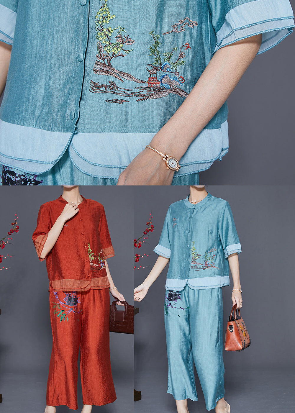 Handmade Brick Red Embroideried Patchwork Linen Silk Two Pieces Set Summer LY5578 - fabuloryshop