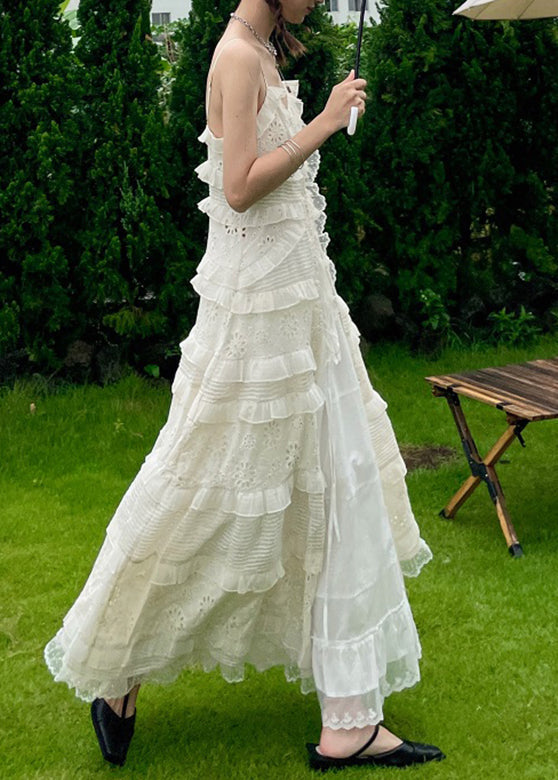 Handmade White V Neck Embroideried Button Lace Maxi Dress Summer LY2659 - fabuloryshop