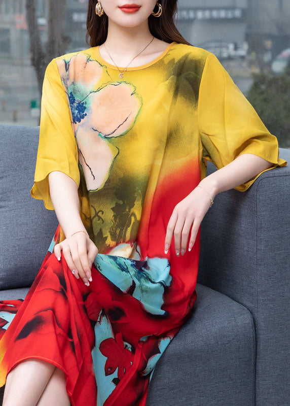 Handmade Yellow O Neck Print Patchwork Chiffon Dress Summer Ada Fashion