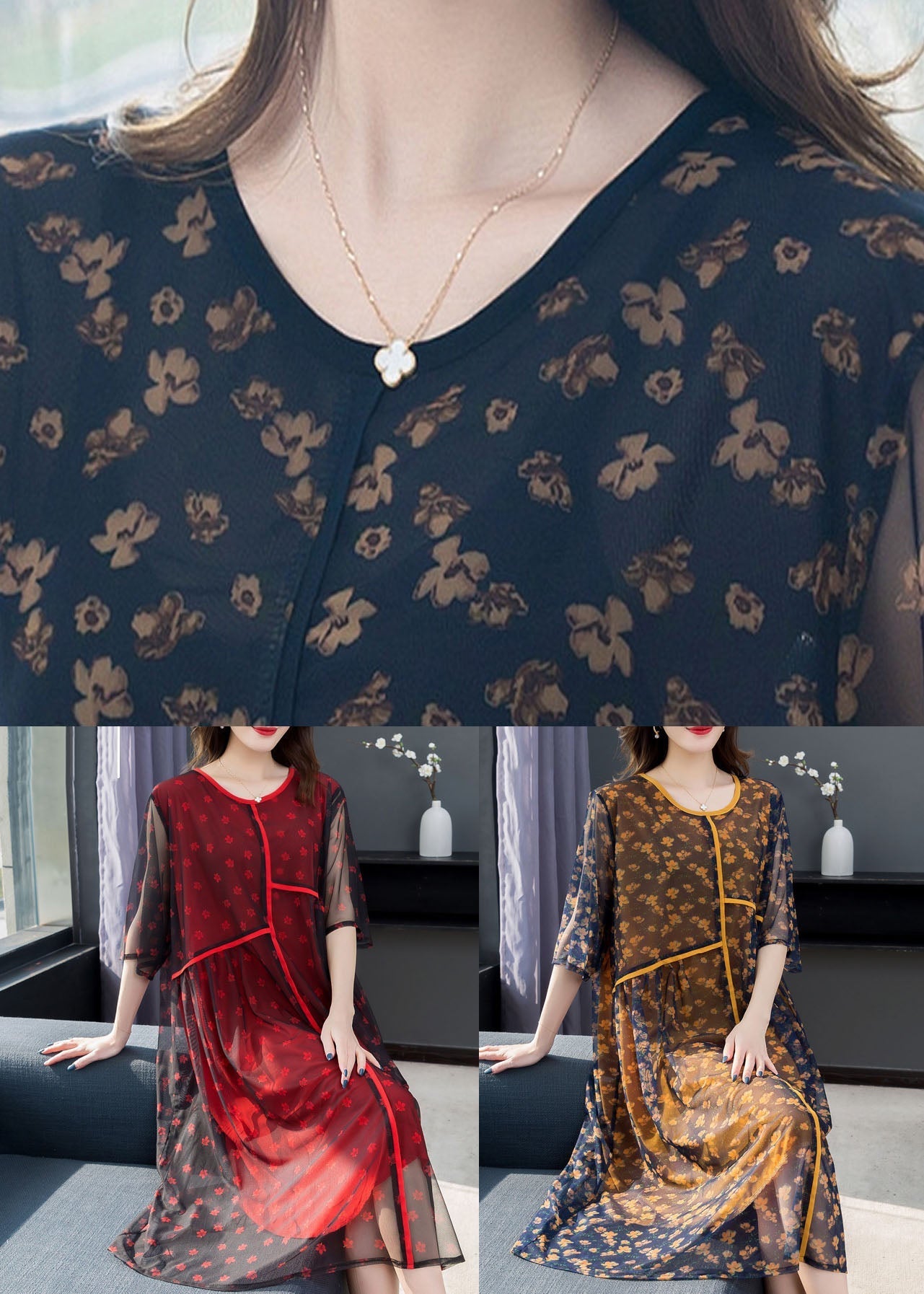 Handmade Yellow Print Wrinkled Patchwork Chiffon Dress Short Sleeve LY6504 - fabuloryshop