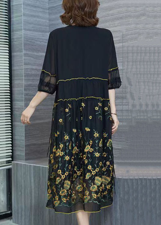 Italian Black Embroideried Wrinkled Patchwork Chiffon Dresses Summer Ada Fashion