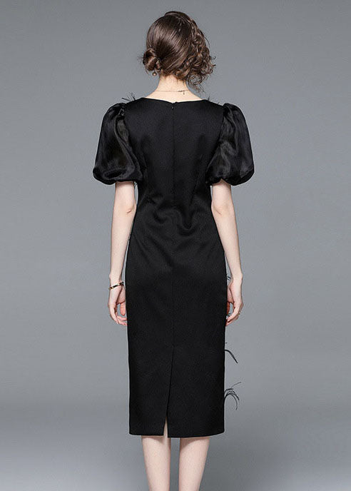 Italian Black Feather Zircon Patchwork Silk Long Dresses Puff Sleeve LY7415 - fabuloryshop