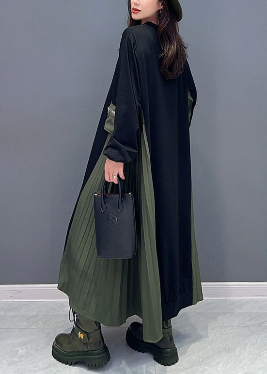 Italian Black O Neck Wrinkled Patchwork Cotton Long Dresses Fall Ada Fashion