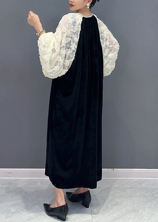 Italian Black V Neck Lace Patchwork Velour Long Dress Fall Ada Fashion