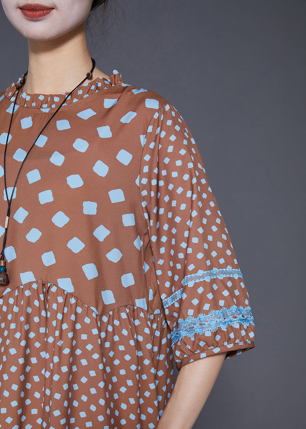 Italian Coffee Ruffled Patchwork Print Silk Mid Dress Summer LY8027