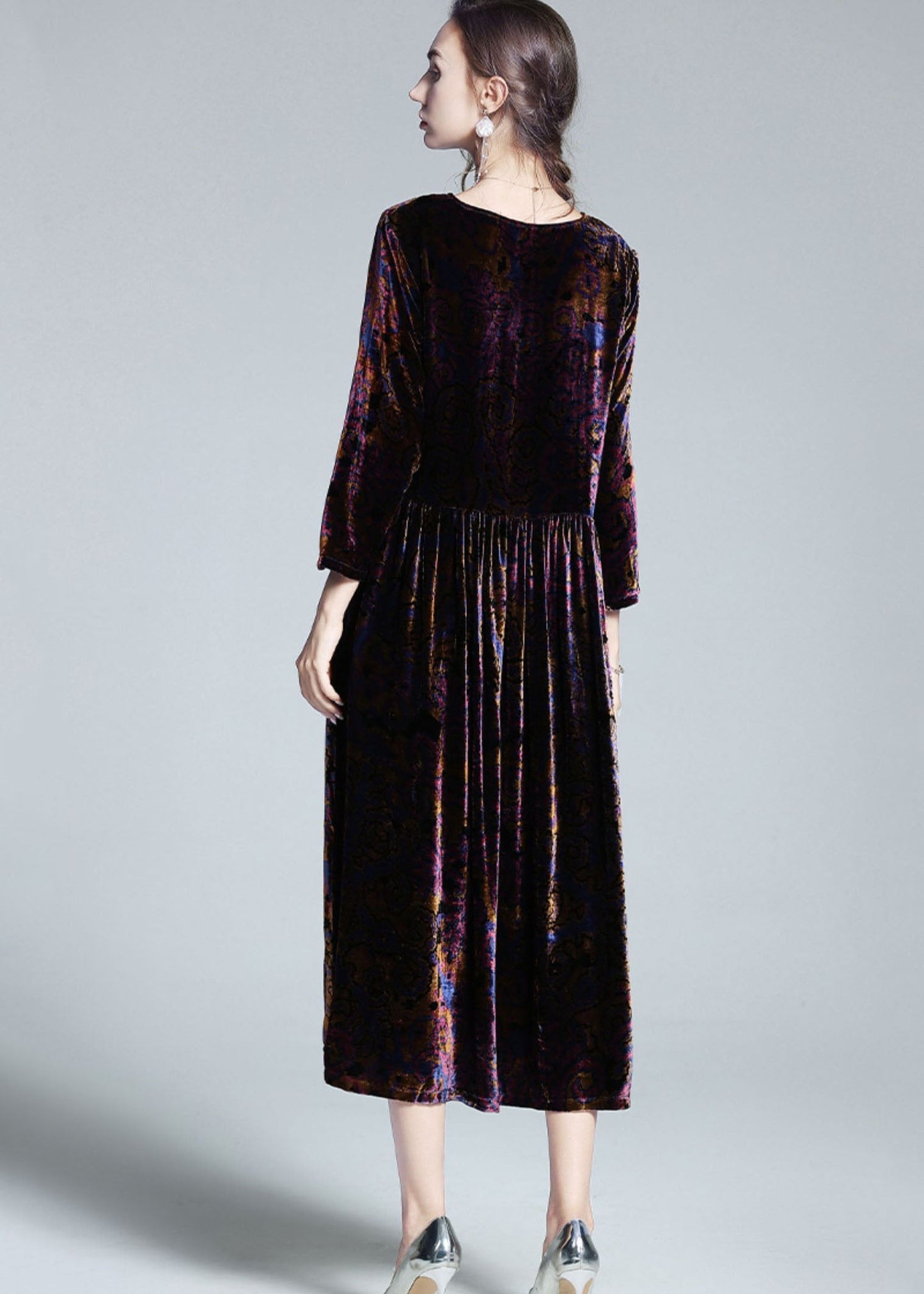 Italian Multi O Neck Patchwork Wrinkled Velour Long Dress Spring LY1062 - fabuloryshop