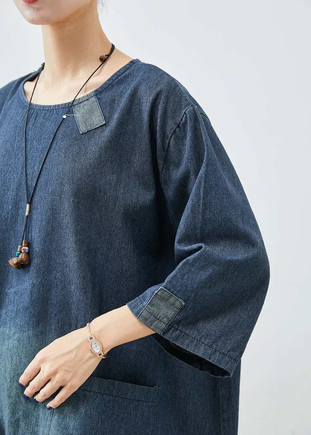 Italian Navy Oversized Patchwork Applique Cotton Vacation Dresses Bracelet Sleeve Ada Fashion