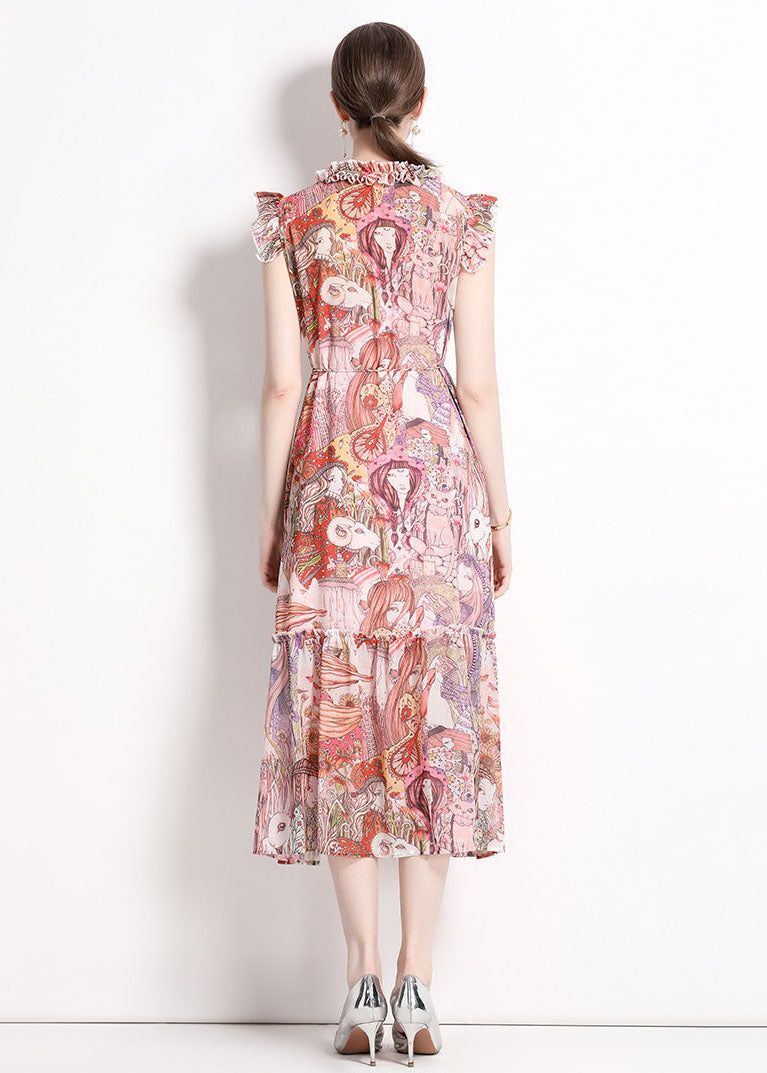 Italian Pink Print Ruffled Lace Up Patchwork Chiffon Long Dresses Summer LY7440 - fabuloryshop