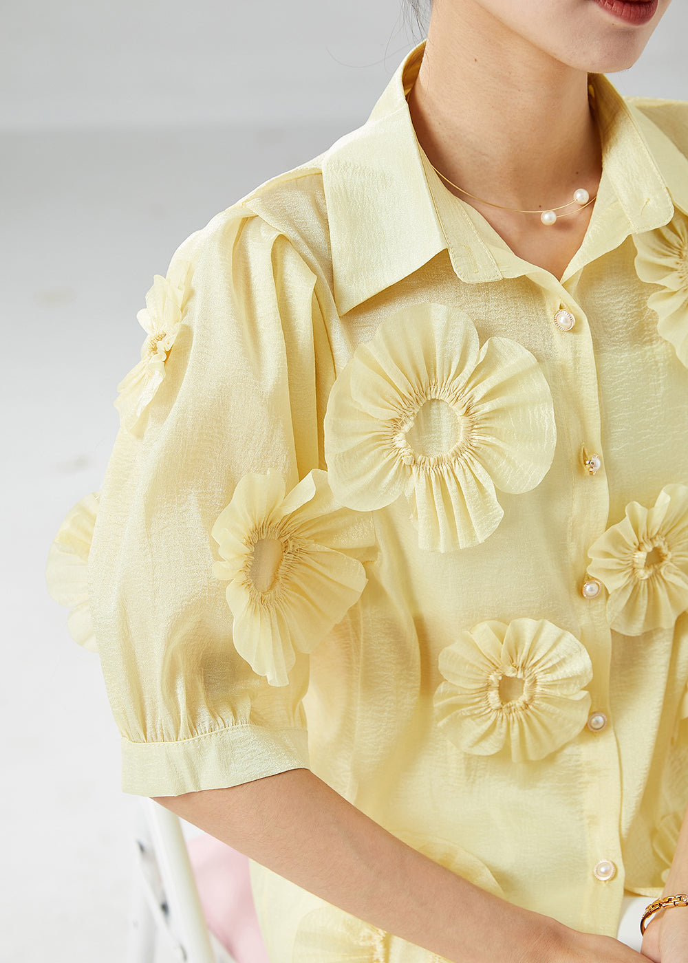 Italian Yellow Peter Pan Collar Floral Cotton Shirt Top Summer LY6138 - fabuloryshop