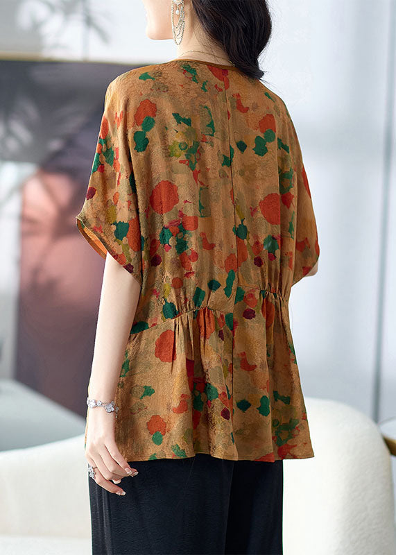 Italian Yellow Print Wrinkled Patchwork Silk T Shirt Top Summer TF1024 - fabuloryshop