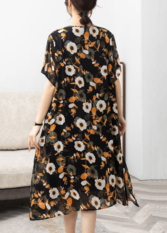 Italian Yellow V Neck Print Patchwork Chiffon Dresses Summer Ada Fashion