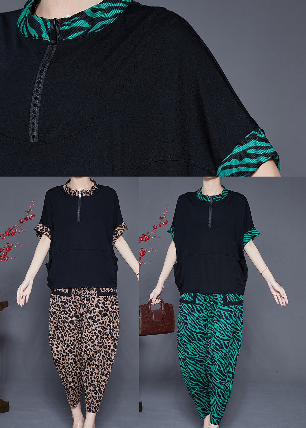 Italian Zip Up Patchwork Leopard Cotton Two Pieces Set Summer Ada Fashion