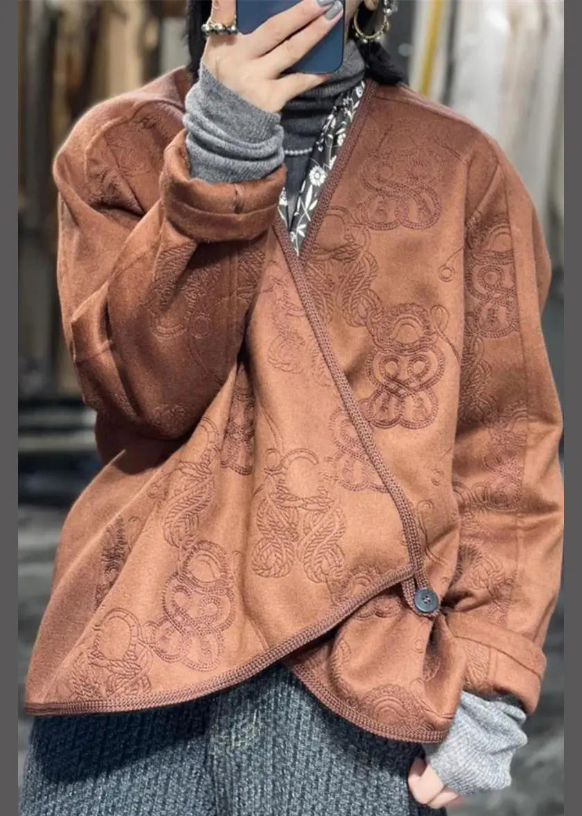 Jacquard Coffee Asymmetrical Button Cotton Coat Fall Ada Fashion