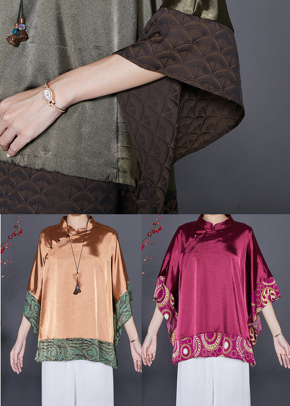 Khaki Patchwork Silk Shirt Top Mandarin Collar Batwing Sleeve LY7650