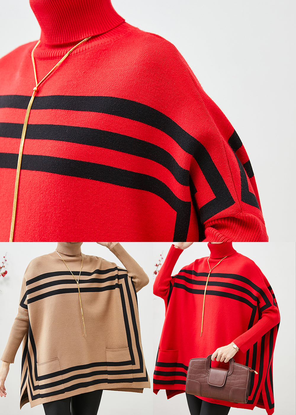 Khaki Striped Knit Top Oversized High Neck Batwing Sleeve Ada Fashion