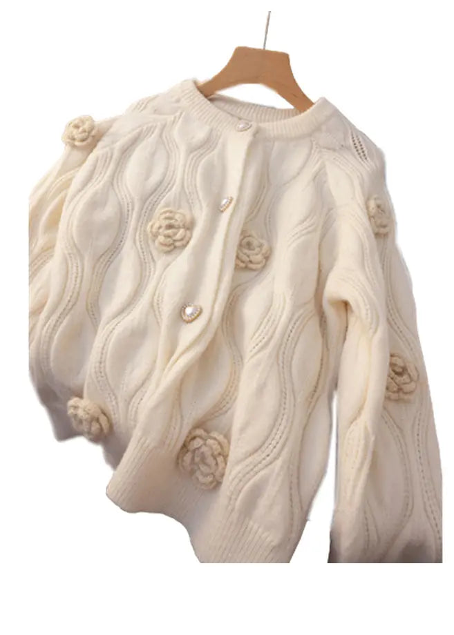 Loose Apricot Button Floral Cotton Knit Coats Long Sleeve Ada Fashion