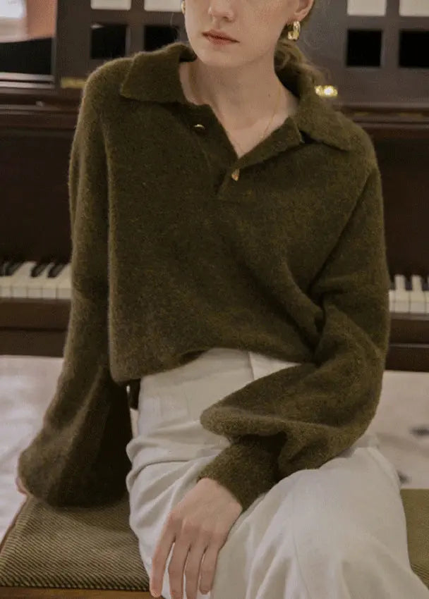 Loose Beige Peter Pan Collar Button Cotton Knit Top Fall Ada Fashion