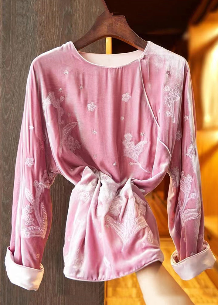 Loose Black Embroideried Side Open Silk Velour Top Fall Ada Fashion