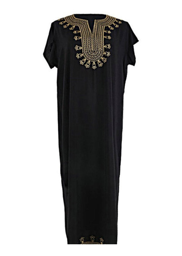 Loose Black Embroideried Side Open Vacation Long Dresses Short Sleeve LY3028 - fabuloryshop
