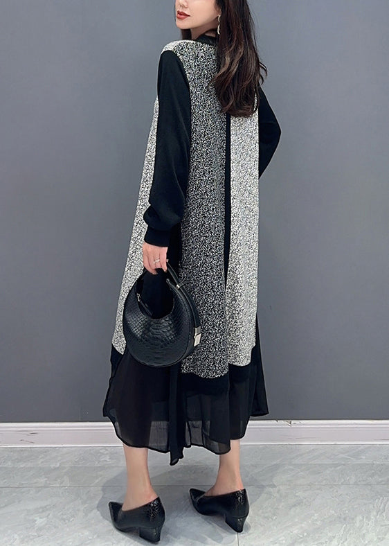Loose Black O Neck Lace Up Chiffon Patchwork Dress Long Sleeve Ada Fashion