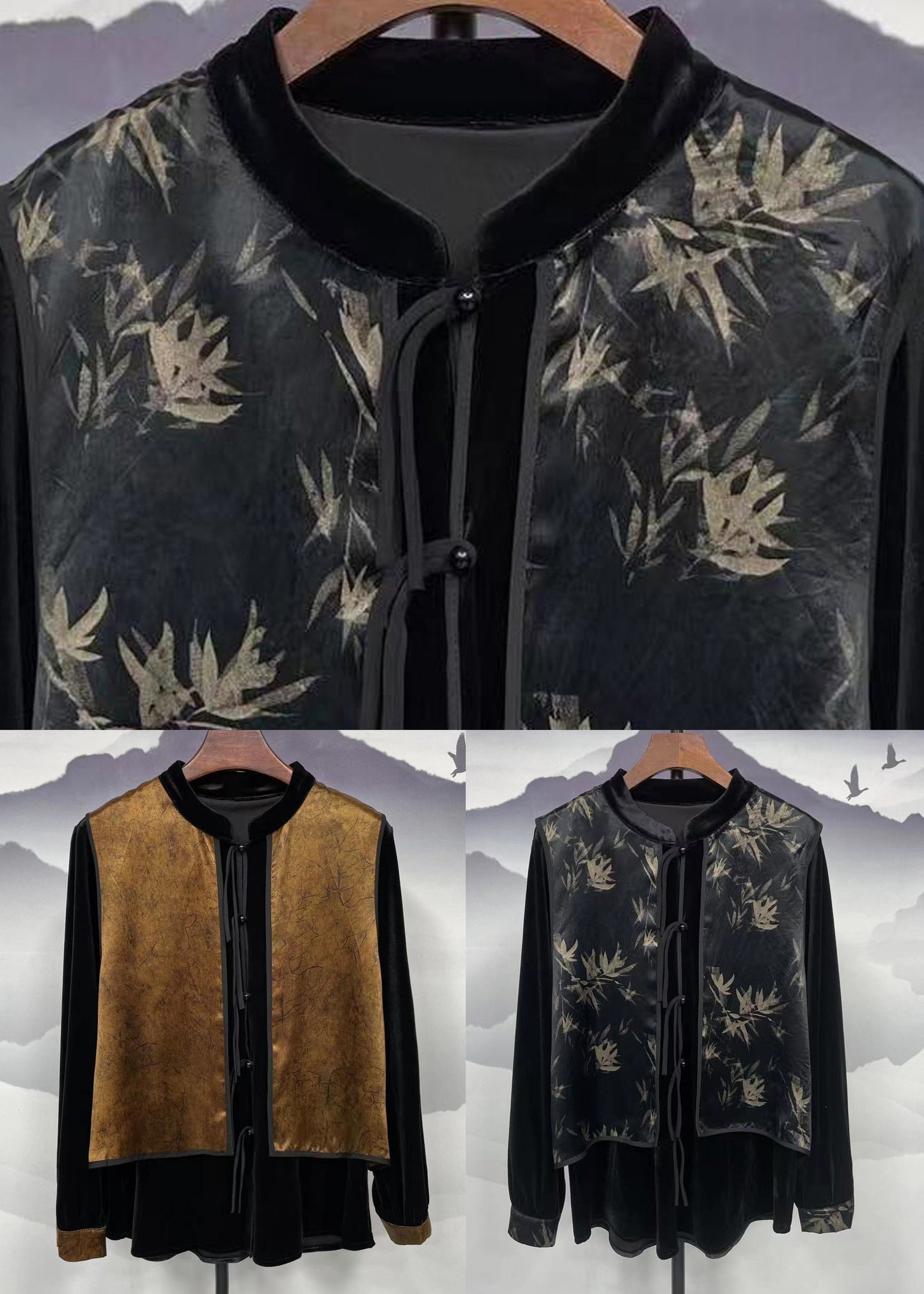 Loose Black Print Button Patchwork Velour Shirt Top Long Sleeve Ada Fashion
