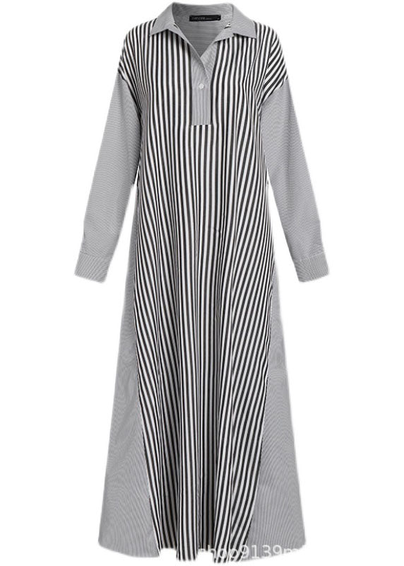 Loose Black Striped Peter Pan Collar Patchwork Cotton Dress Spring LY2148 - fabuloryshop