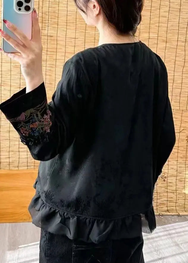 Loose Black V Neck Ruffled Embroideried Floral Button Shirt Long Sleeve Ada Fashion