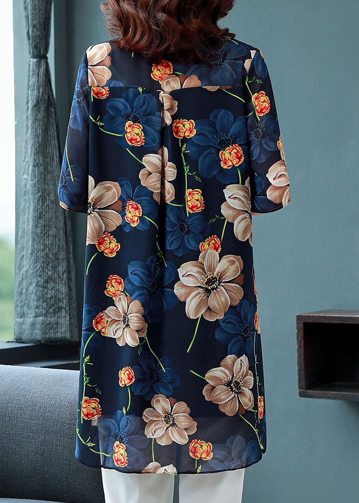 Loose Blue Peter Pan Collar Print Patchwork Chiffon Shirt Top Summer TF1035 - fabuloryshop