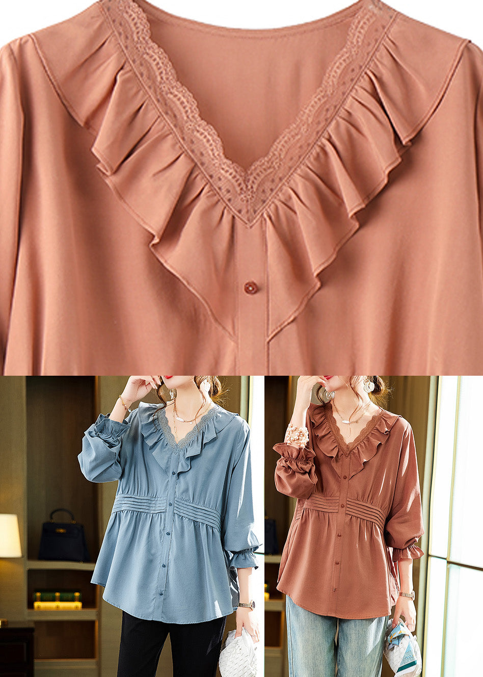 Loose Blue V Neck Button Solid Tops Long Sleeve LY6207 - fabuloryshop