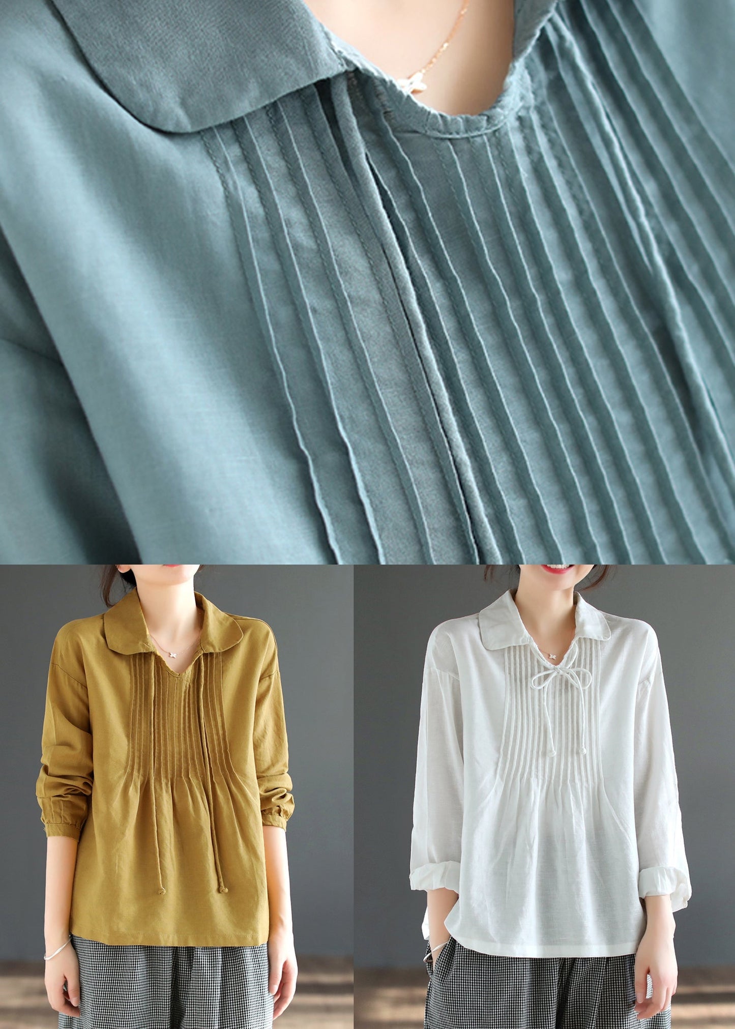 Loose Blue Wrinkled Lace Up Patchwork Cotton Top Long Sleeve Ada Fashion