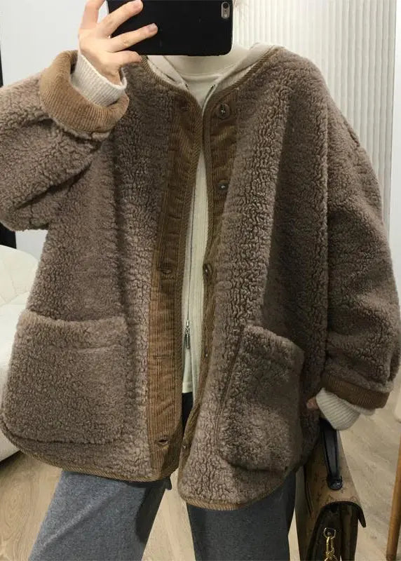 Loose Coffee Button Pockets Teddy Faux Fur Coats Fall Ada Fashion