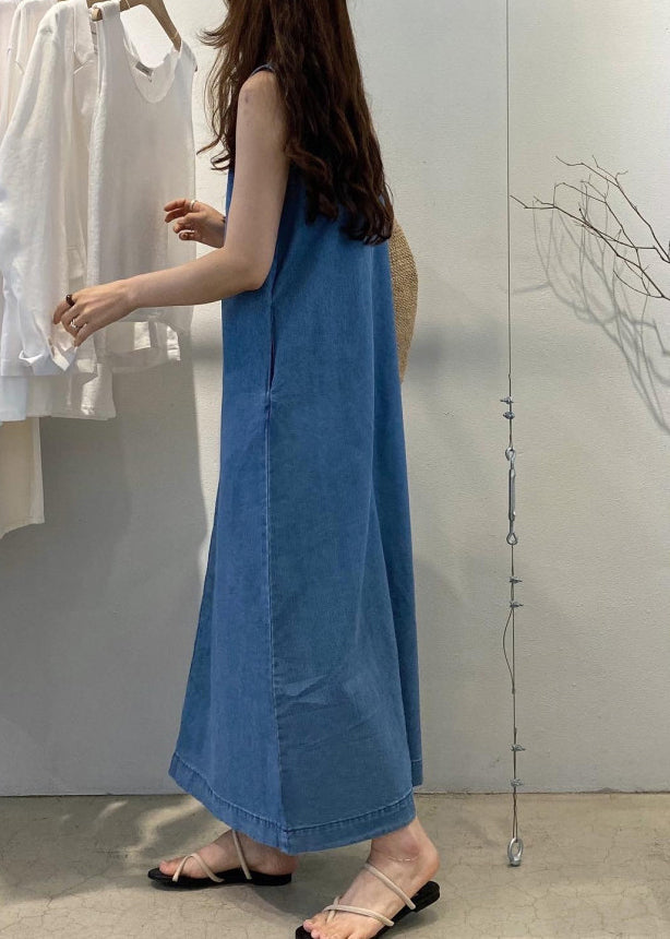 Loose Denim Blue O-Neck Patchwork Cozy Holiday Long Dress Summer LY2600 - fabuloryshop