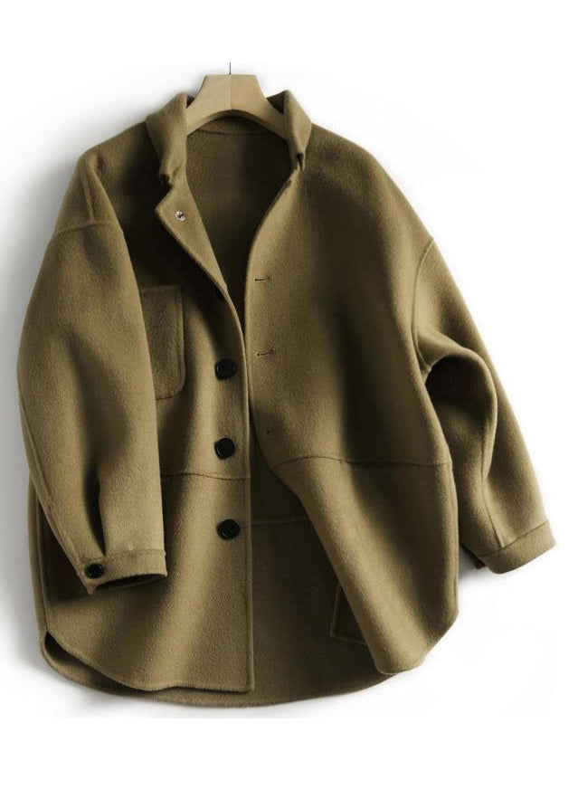 Loose Earthy Yellow Button Pockets Patchwork Woolen Coats Fall Ada Fashion
