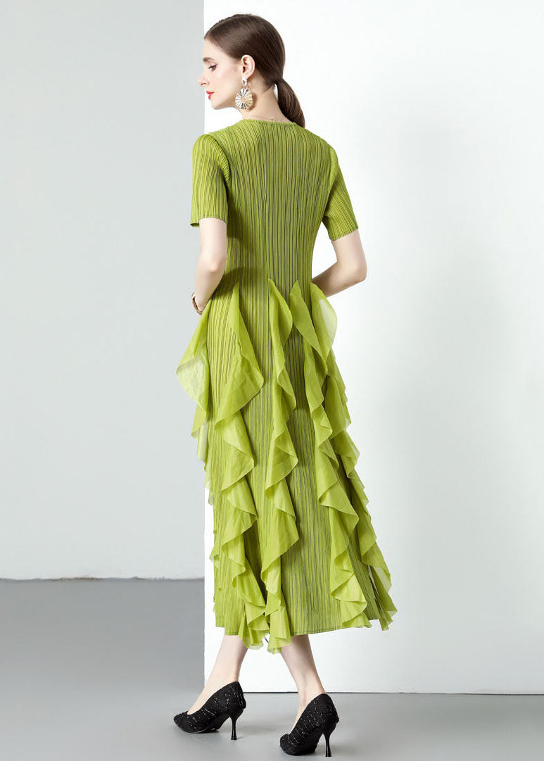 Loose Green O-Neck Ruffled Patchwork Chiffon Long Dresses Summer LY7390 - fabuloryshop