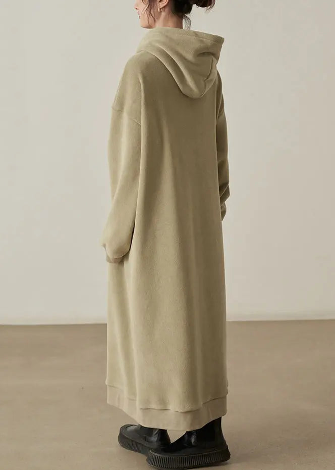 Loose Khaki Hooded Pockets Woolen Long Dresses Fall Ada Fashion