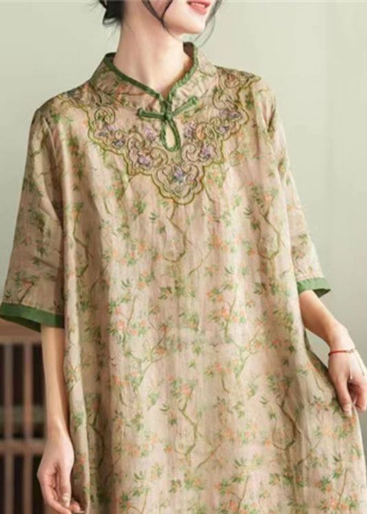 Loose Khaki Stand Collar Embroideried Button Ramie Maxi Dress Half Sleeve LY2853