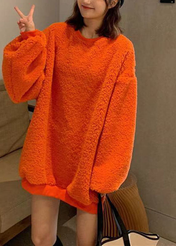Loose Orange O-Neck Thick Teddy Faux Fur Pullover Long Sleeve Ada Fashion