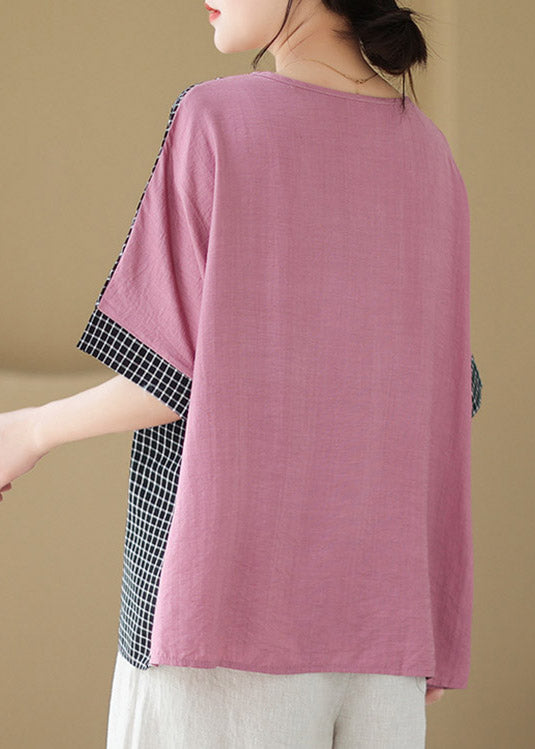 Loose Pink Asymmetrical Plaid Patchwork Button T Shirts Short Sleeve LY3007 - fabuloryshop