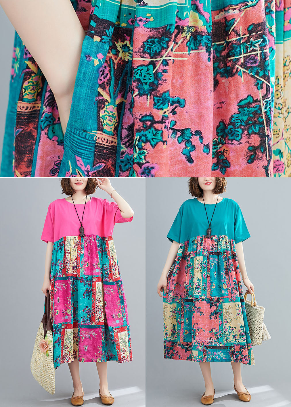 Loose Rose Oversized Patchwork Cotton Long Dresses Summer LY1540 - fabuloryshop