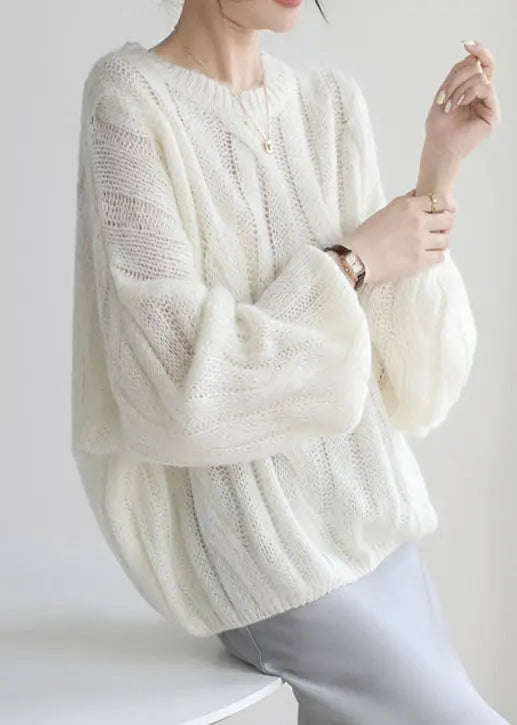 Loose White Hollow Out Cozy Woolen Shirt Puff Sleeve Ada Fashion