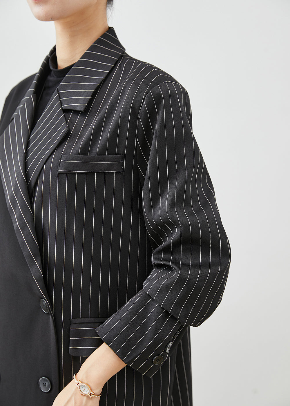 Modern Black Asymmetrical Striped Spandex Trench Fall Ada Fashion