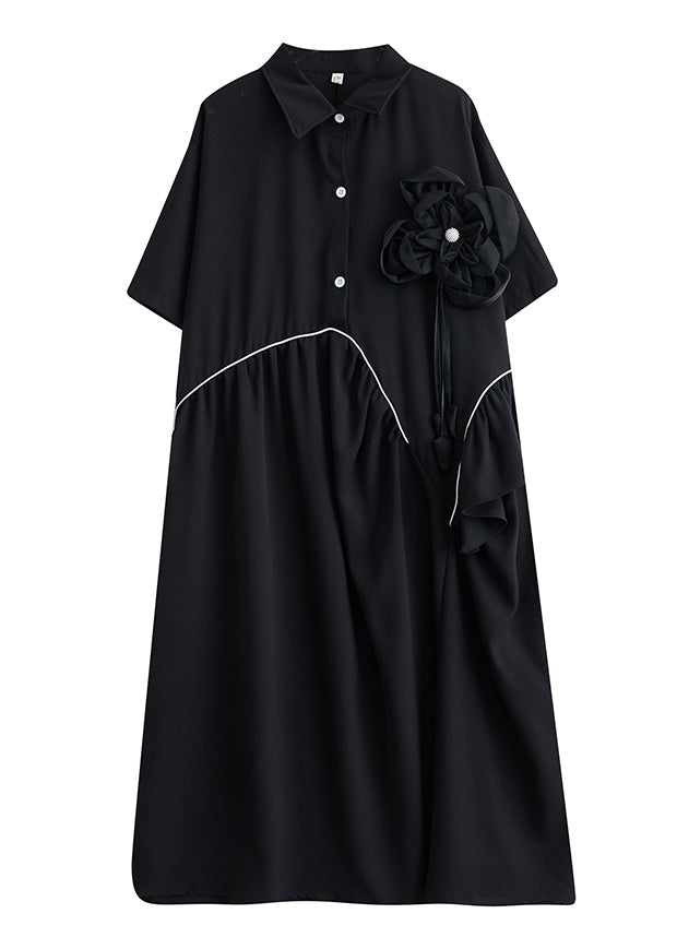Modern Black Peter Pan Collar Patchwork Floral Button Party Maxi Dress Short Sleeve LY4948 - fabuloryshop