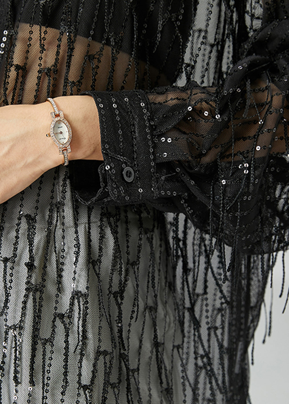 Modern Black Sequins Tassel Hollow Out Tulle Shirt Top Summer LY6082 - fabuloryshop