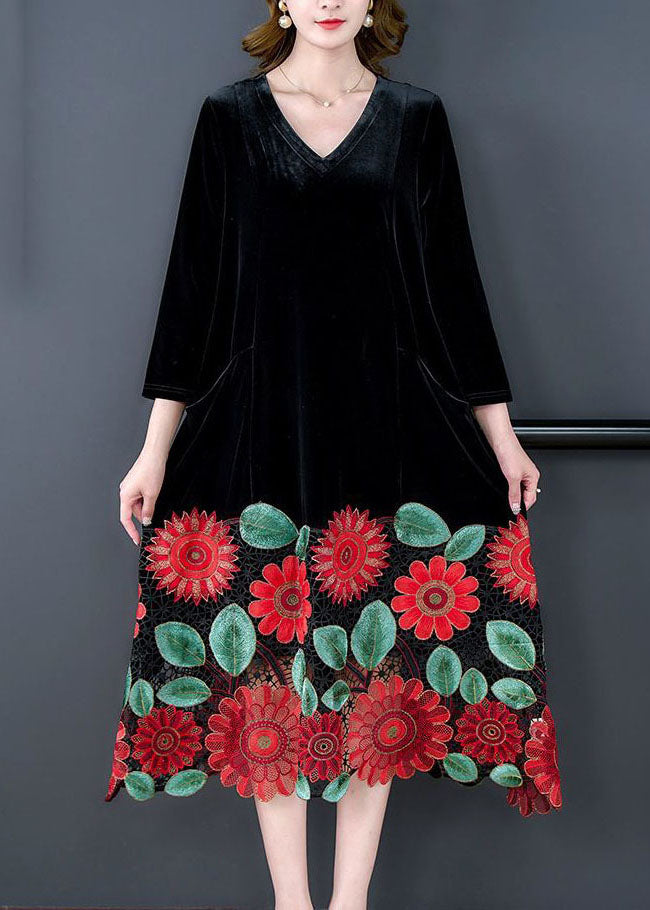 Modern Black V Neck Floral Patchwork Hollow Out Silk Velour Dress Spring LY1694 - fabuloryshop