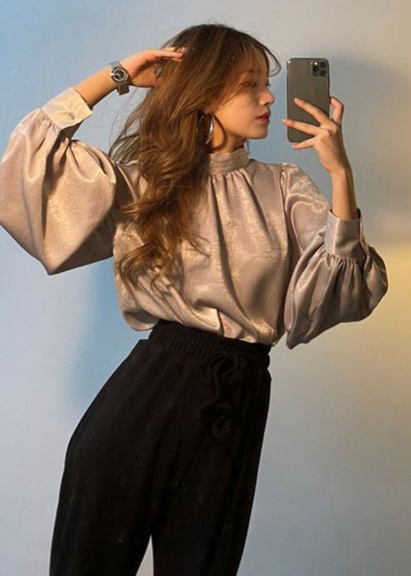 Modern Brown Stand Collar Draping Silk Shirts Lantern Sleeve LY2620 - fabuloryshop