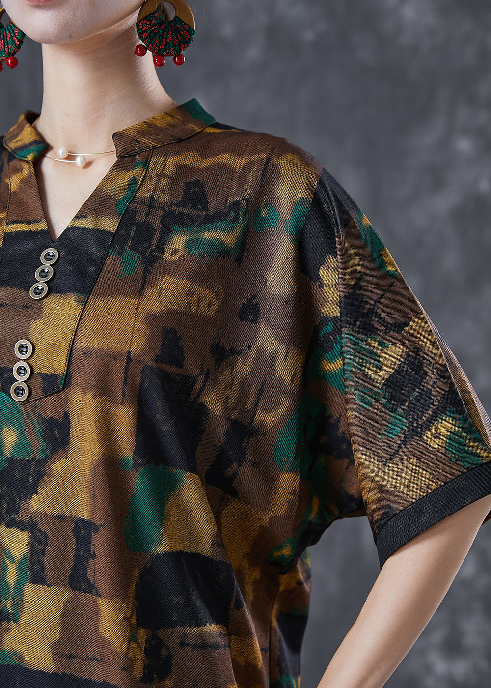 Modern Coffee V Neck Print Button Cotton 2 Piece Outfit Summer LY6754 - fabuloryshop