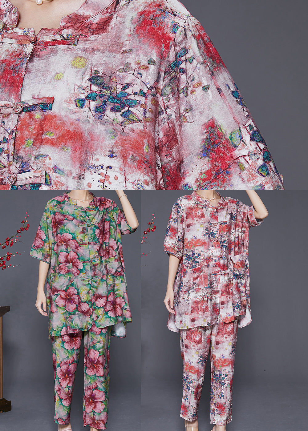 Modern Green Floral Print Chinese Button Linen Two Pieces Set Summer LY8025