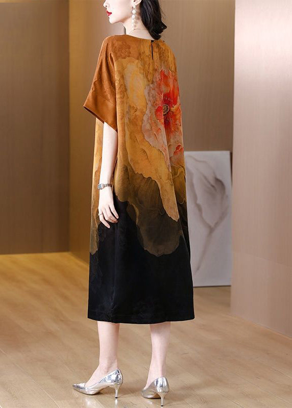 Modern Khaki Oversized Floral Print Silk Dress Summer LY3719 - fabuloryshop